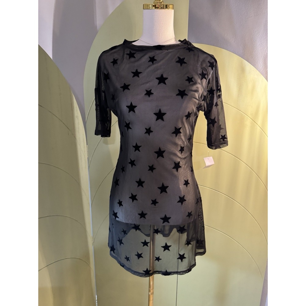 Joe Boxer Black Sheer Mesh Velvet Star Flocked Tunic Top High Low Small
